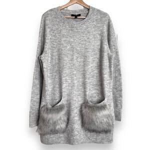 NWT Lane Bryant Marled Gray Tunic Sweater With Faux Fur Pockets Women's 14/16